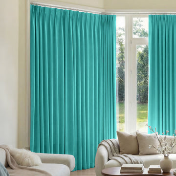Mason Triple Weave teal blackout curtains, custom window treatments for light control.
