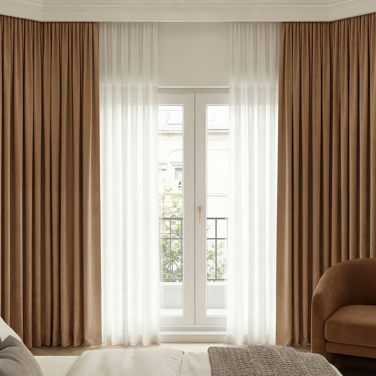 Brown chenille blackout curtains paired with sheer white curtains for elegant window treatments.