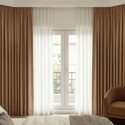 Brown chenille blackout curtains paired with sheer white curtains for elegant window treatments.