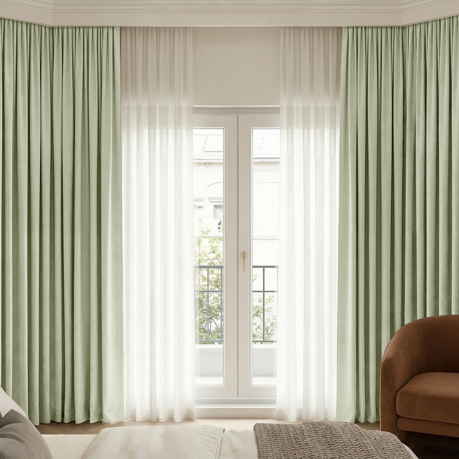 Custom Bennett Chenille blackout curtains, sage green with white sheers.