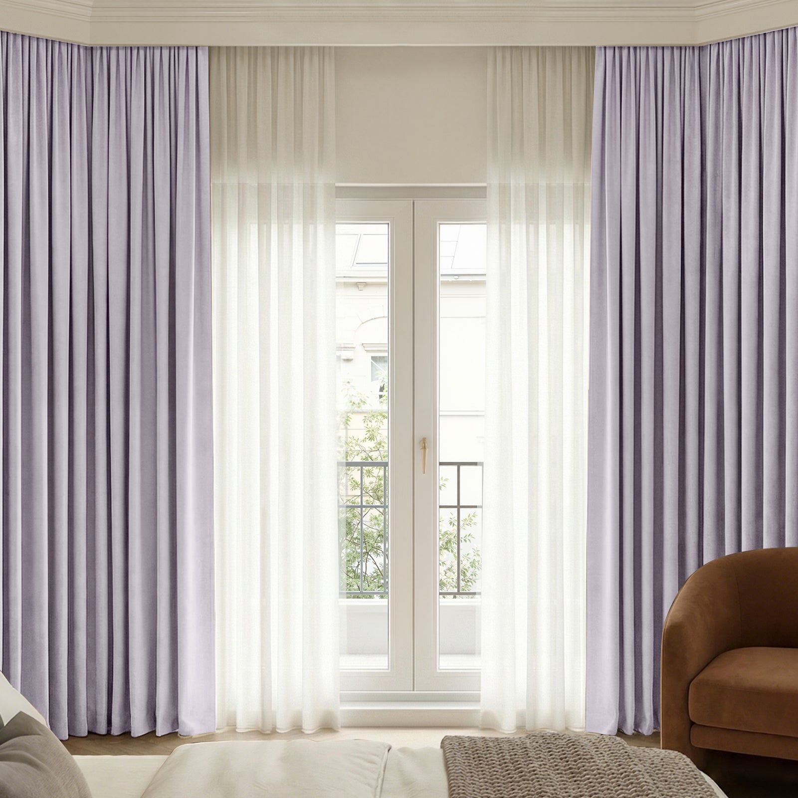 Custom plush lavender Chenille blackout curtains with sheer white fabric.