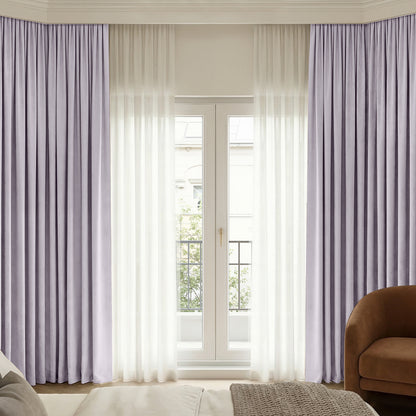 Custom plush lavender Chenille blackout curtains with sheer white fabric.