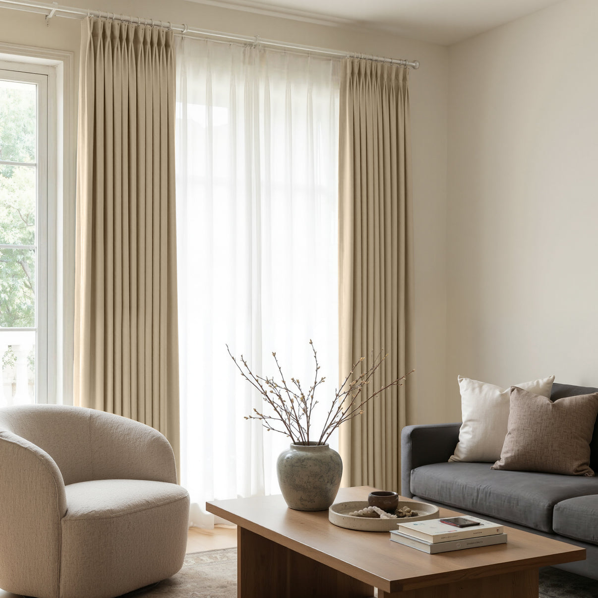 Custom Arden beige satin blackout curtains with elegant pleats and sheer drapes.