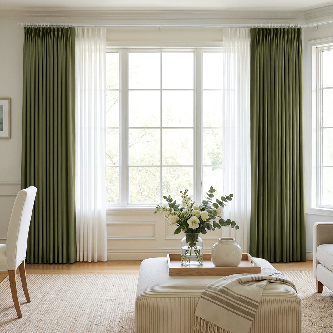 Olive green custom chenille blackout curtains with sheer panels