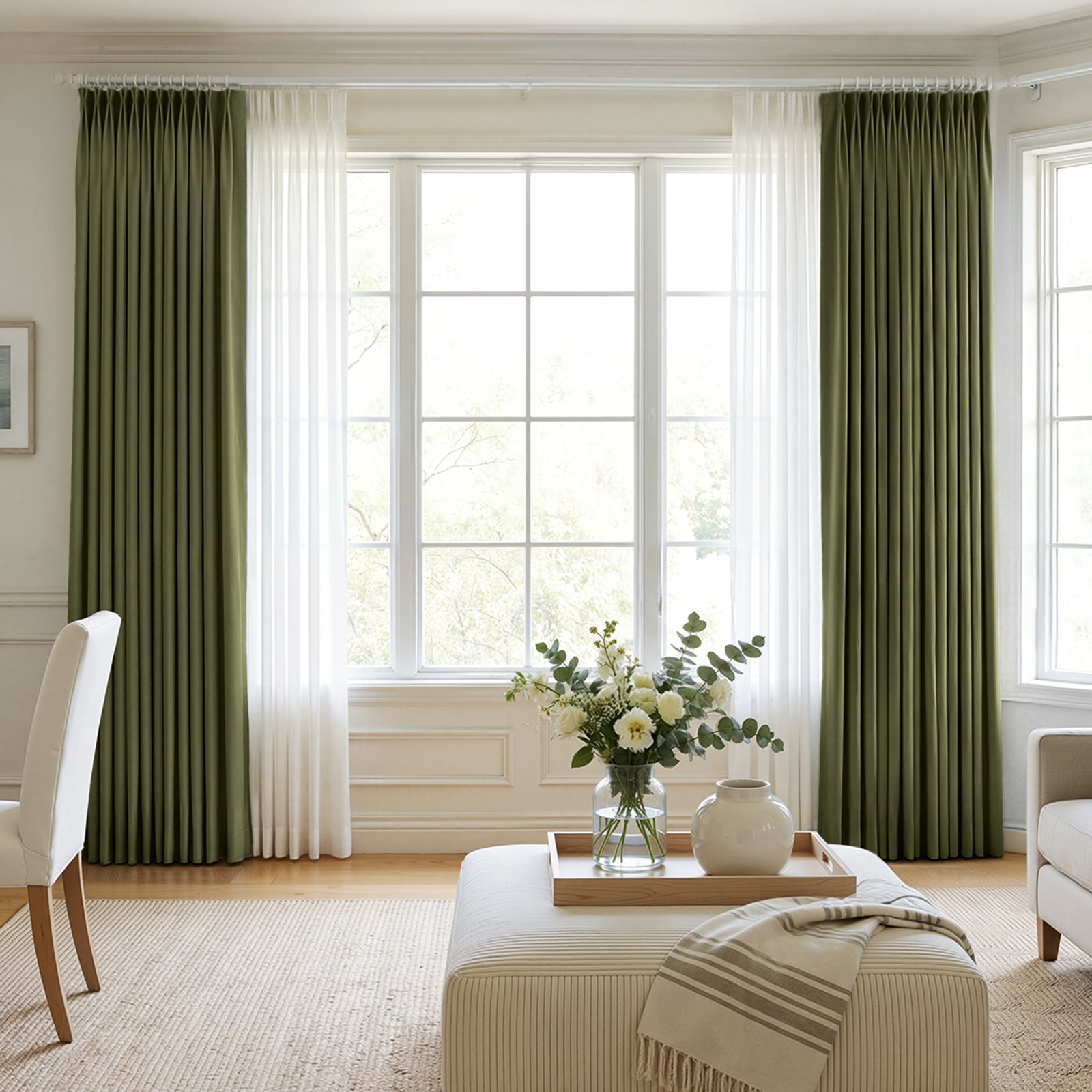 Olive green custom chenille blackout curtains with sheer panels