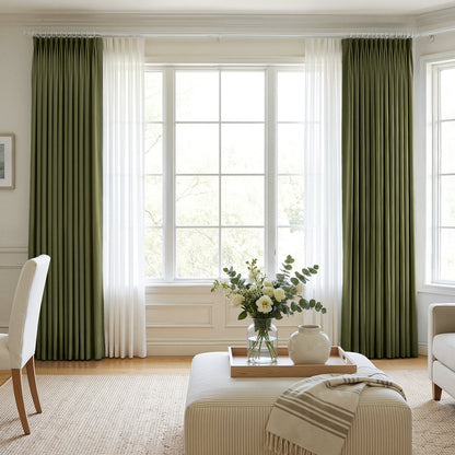 Olive green custom chenille blackout curtains with sheer panels