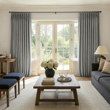 Sloane gray velvet custom curtains with elegant pleats, room darkening.