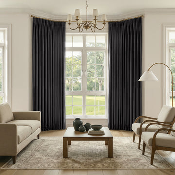 Joydeco SoftMatte brushed dark grey blackout curtains, pleated, custom fit for window.