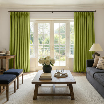 Green velvet room darkening custom curtains, elegant drape, 280gsm.