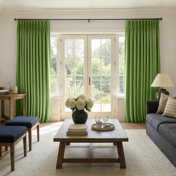 Sloane lime green velvet room darkening custom curtains, elegant drape.