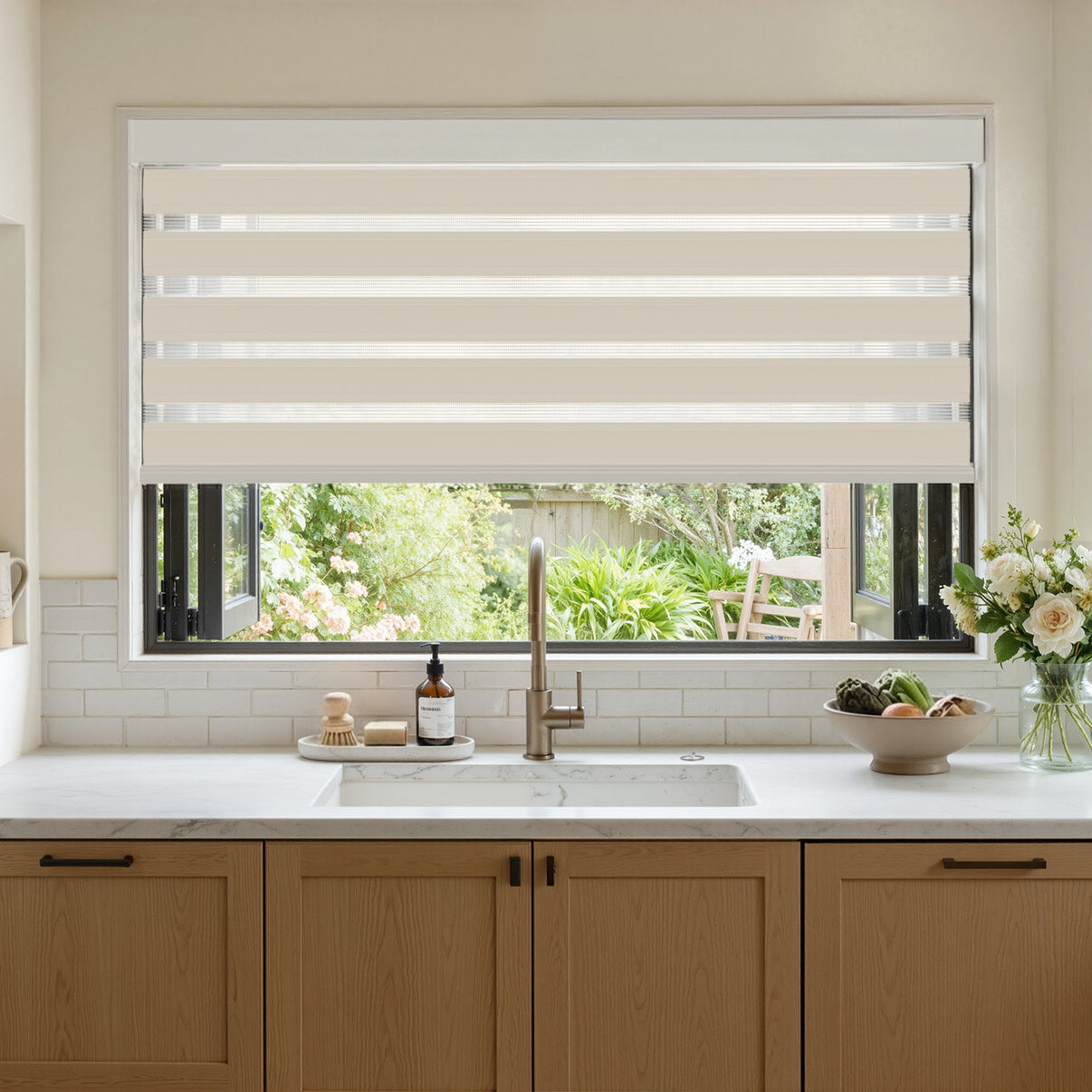 Marlow Light Filtering Zebra Shade with alternating beige and white bands.