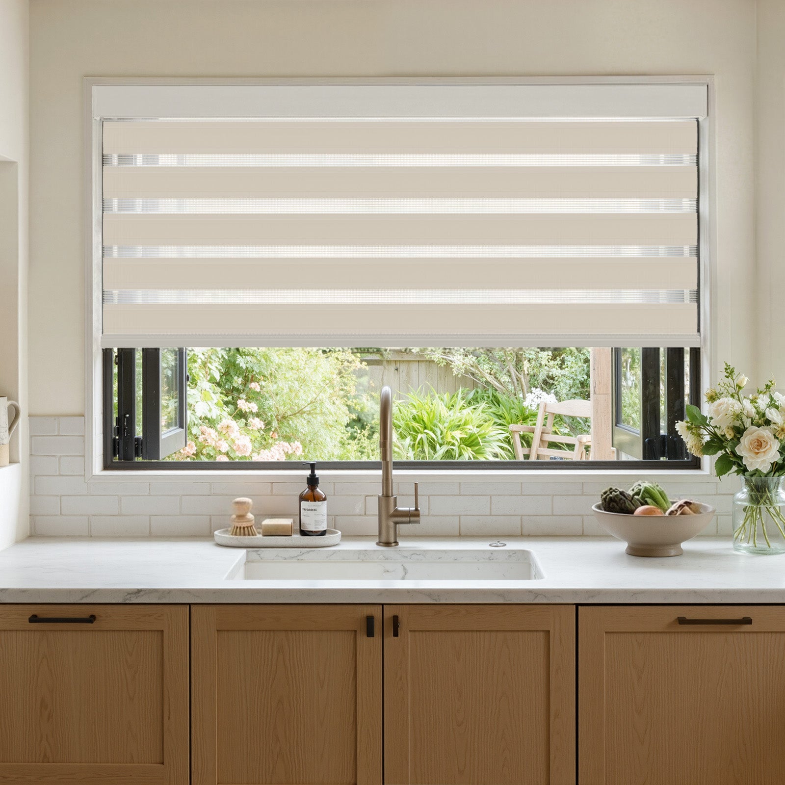 Marlow Light Filtering Zebra Shade with alternating beige and white bands.