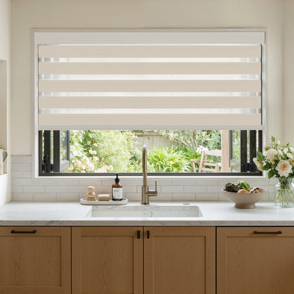 Marlow Light Filtering Zebra Shade with alternating beige and white bands.