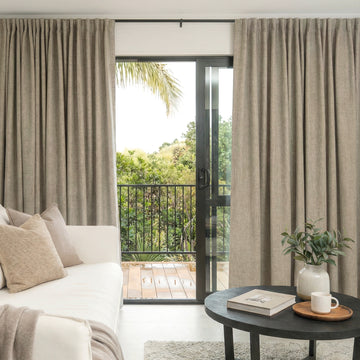 Alder custom taupe faux linen blackout curtains with textured weave.