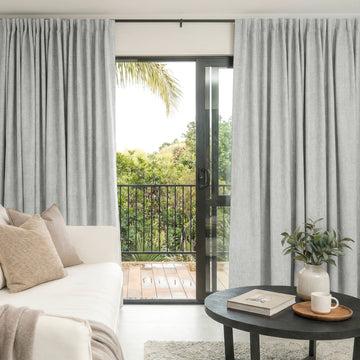 Alder light grey faux linen blackout curtains with elegant texture, custom window treatments.