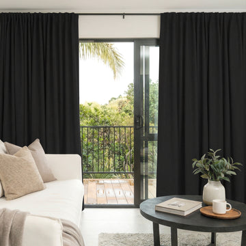 Alder black faux linen blackout curtains for window treatments.