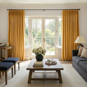 Ochre velvet room darkening custom curtains with elegant pleats.