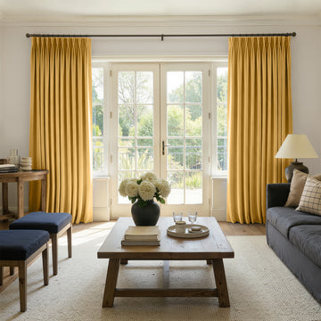 Sloane golden yellow velvet room darkening curtains with soft brushed texture and elegant drape.
