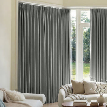 Grey Mason Triple Weave blackout curtains, custom-made with elegant pleats.
