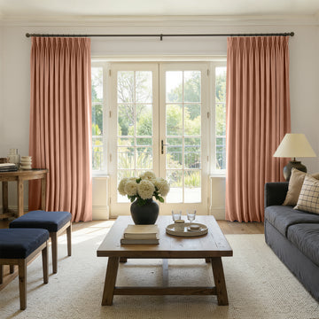 Sloane custom velvet curtains in peach, elegant drape for room darkening and modern style.