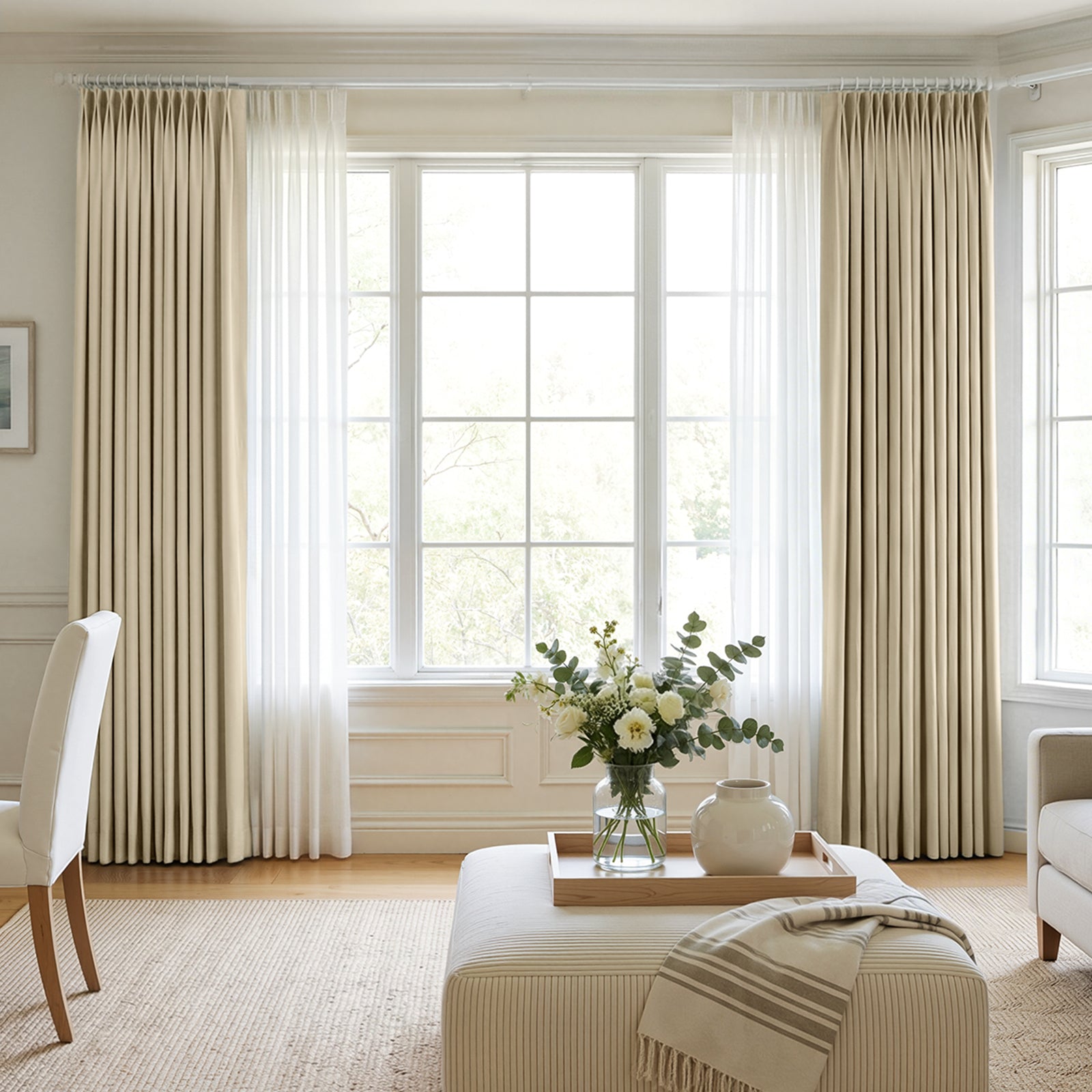 Hayden beige custom blackout curtains with sheer overlay