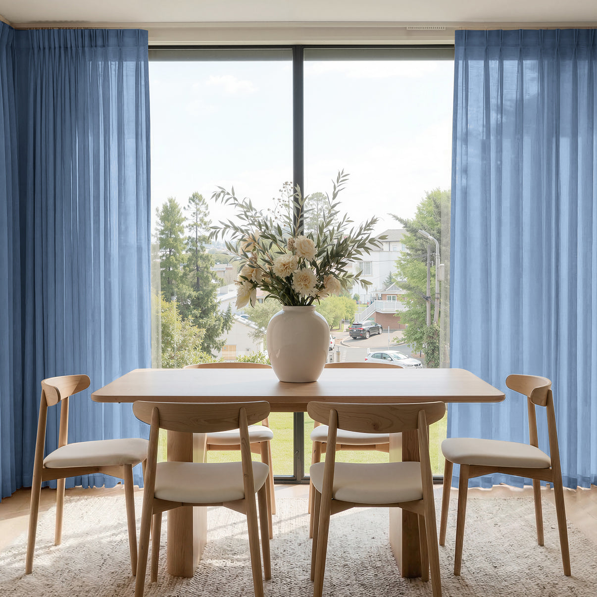 Joydeco Willow light blue custom sheer curtains, light filtering.