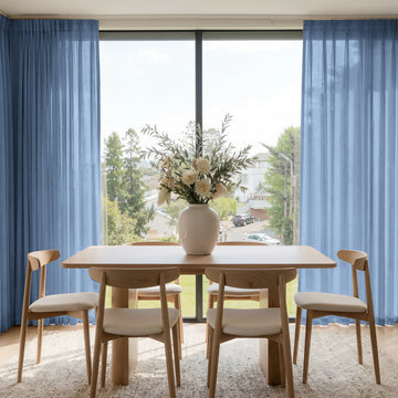 Joydeco Willow light blue custom sheer curtains, light filtering.