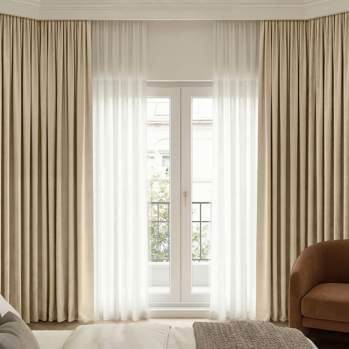Bennett Chenille blackout curtains, custom beige with sheer white window treatments.