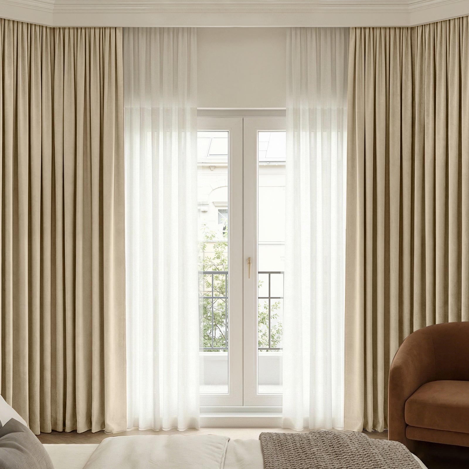 Bennett Chenille blackout curtains, custom beige with sheer white window treatments.