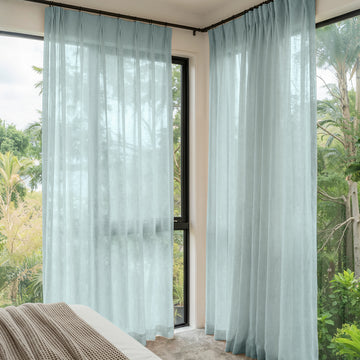 Linden custom light blue linen blend sheer curtains, pinch pleated, airy window treatments.