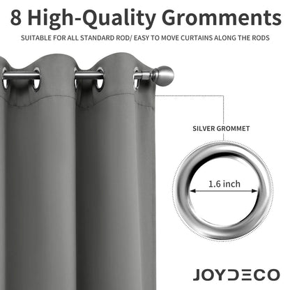 Joydeco gray blackout curtain close-up showing 8 silver grommets, 1.6 inch inner diameter, fitting standard rods.