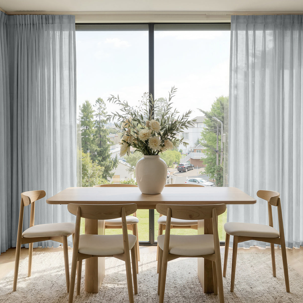 Light grey Willow light filtering linen curtains, sheer custom window treatments.