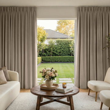 Haven Linen Blend Blackout Curtain in taupe with textured fabric and pleats.