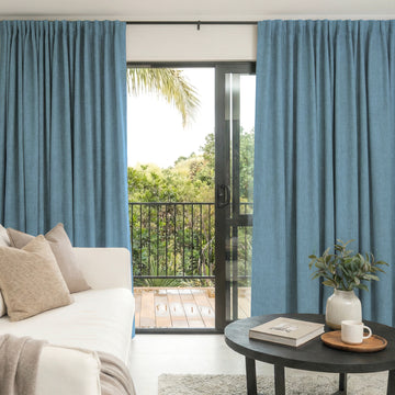 Custom blue faux linen blackout curtains, Alder style by Joydeco.