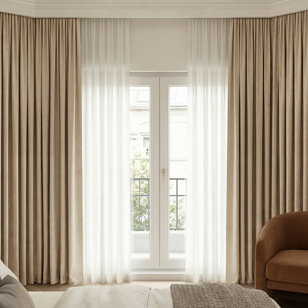 Beige Bennett Chenille blackout curtain layered with sheer custom window treatments.