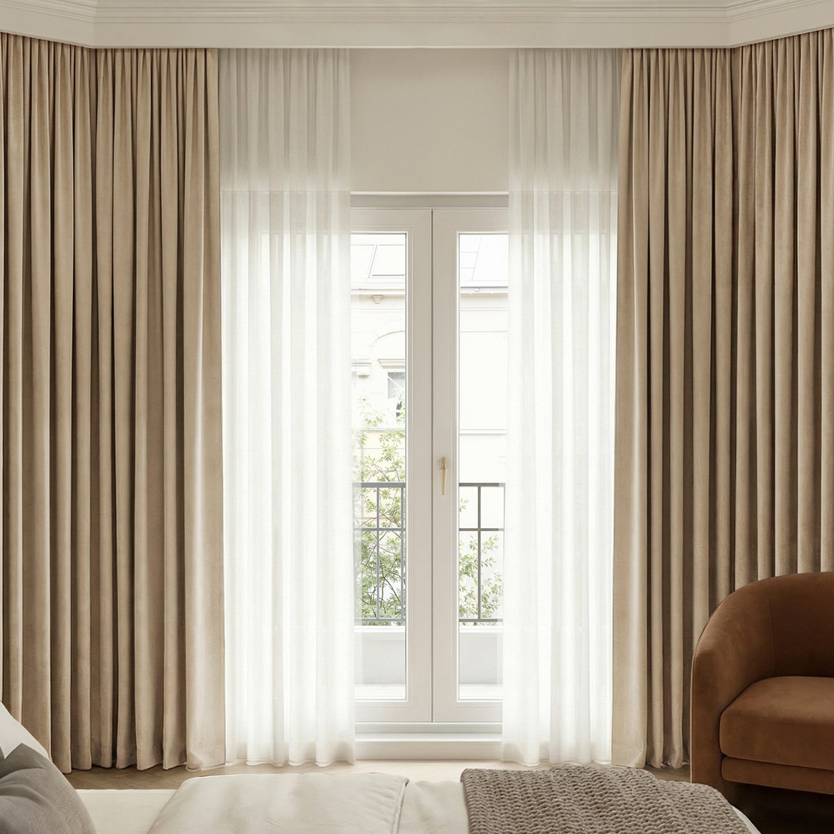 Beige Bennett Chenille blackout curtain layered with sheer custom window treatments.