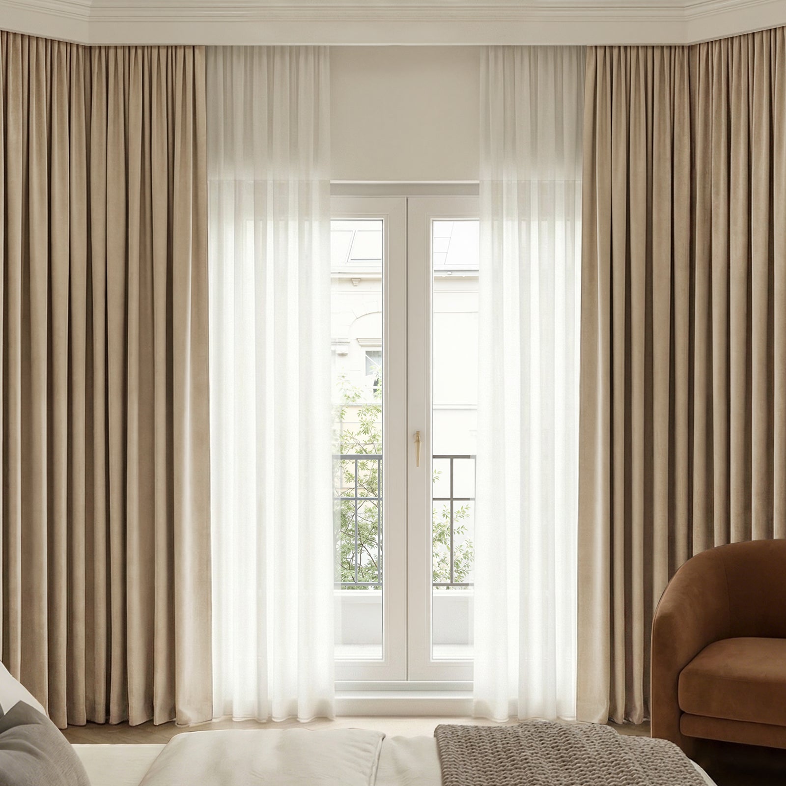Beige Bennett Chenille blackout curtain layered with sheer custom window treatments.