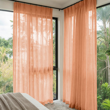 Custom peach Linden Linen Blend Sheer Curtains, pleated top, light filtering.