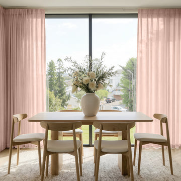 Soft pink sheer custom linen blend curtains, lightweight and light filtering.