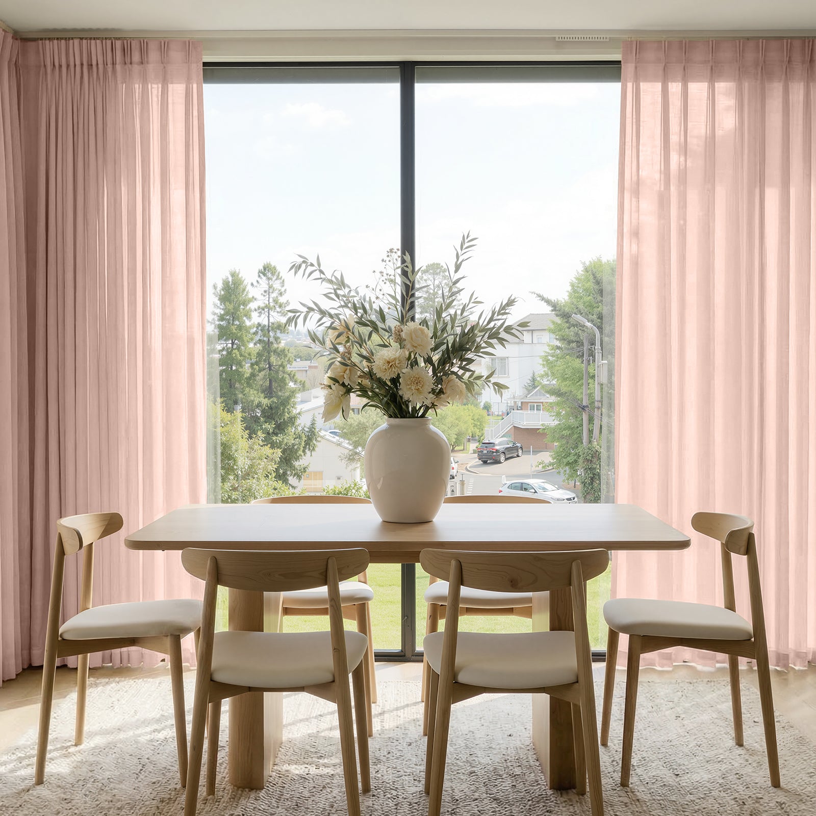 Soft pink sheer custom linen blend curtains, lightweight and light filtering.