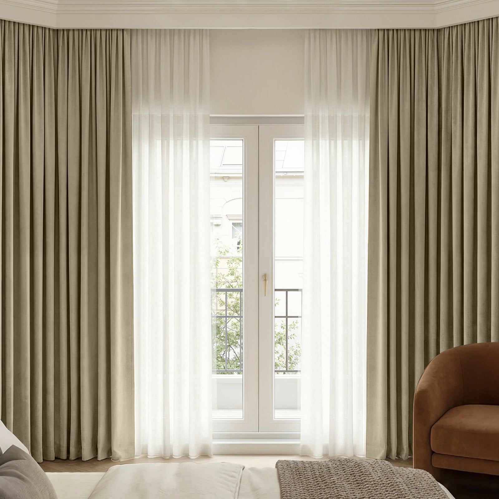 Joydeco Bennett Chenille custom taupe blackout curtains with sheer white drapes.