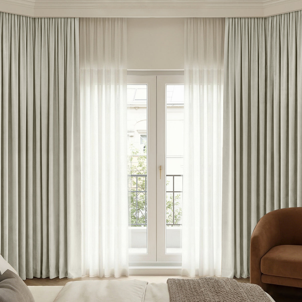 Bennett Chenille blackout curtains layered with sheer curtains