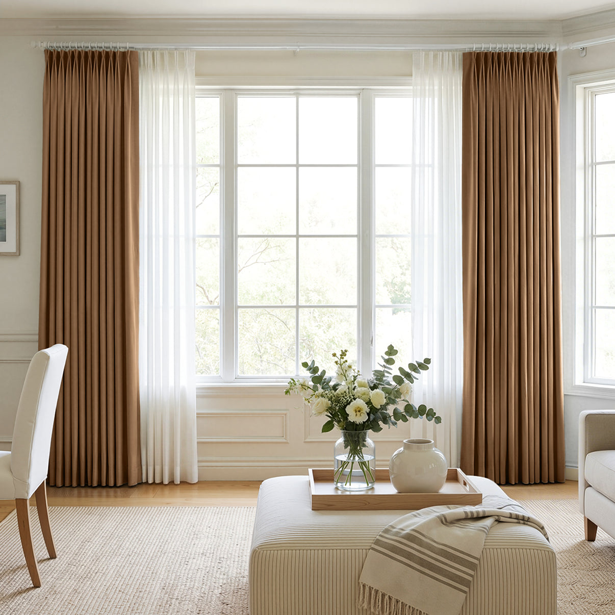 Custom Hayden Chenille blackout curtains in warm brown, layered with sheer drapes.