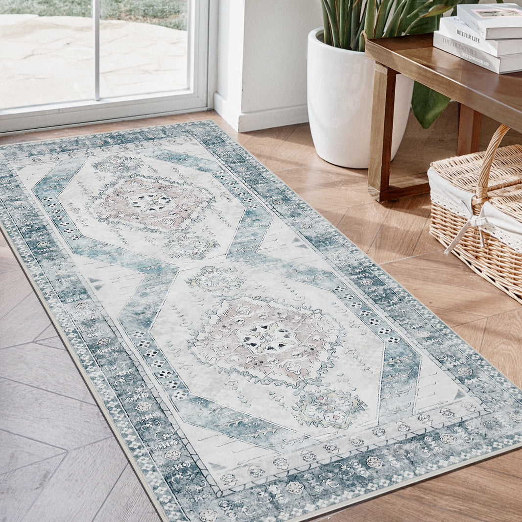 Alfombra de pasillo Joydeco antideslizante, lavable a máquina, estilo vintage, de pelo corto, ligera, con estampado de chenilla, para entrada, pasillo, dormitorio, cocina y pasillo. 