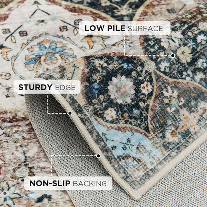 Joydeco Runner Rug Non Slip Machine Washable Vintage Rug, Low Pile Non Slip Chenille Print Rugs for Living Room, Entryway, Bedroom, Kitchen and Corridor, Bathroom