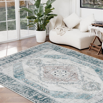 Joydeco Living Room Rug, Non Slip Machine Washable Vintage Runner Rug, Low Pile Lightweight Chenille Print Rugs for Entryway, Hallway, Bedroom, Kitchen and Corridor