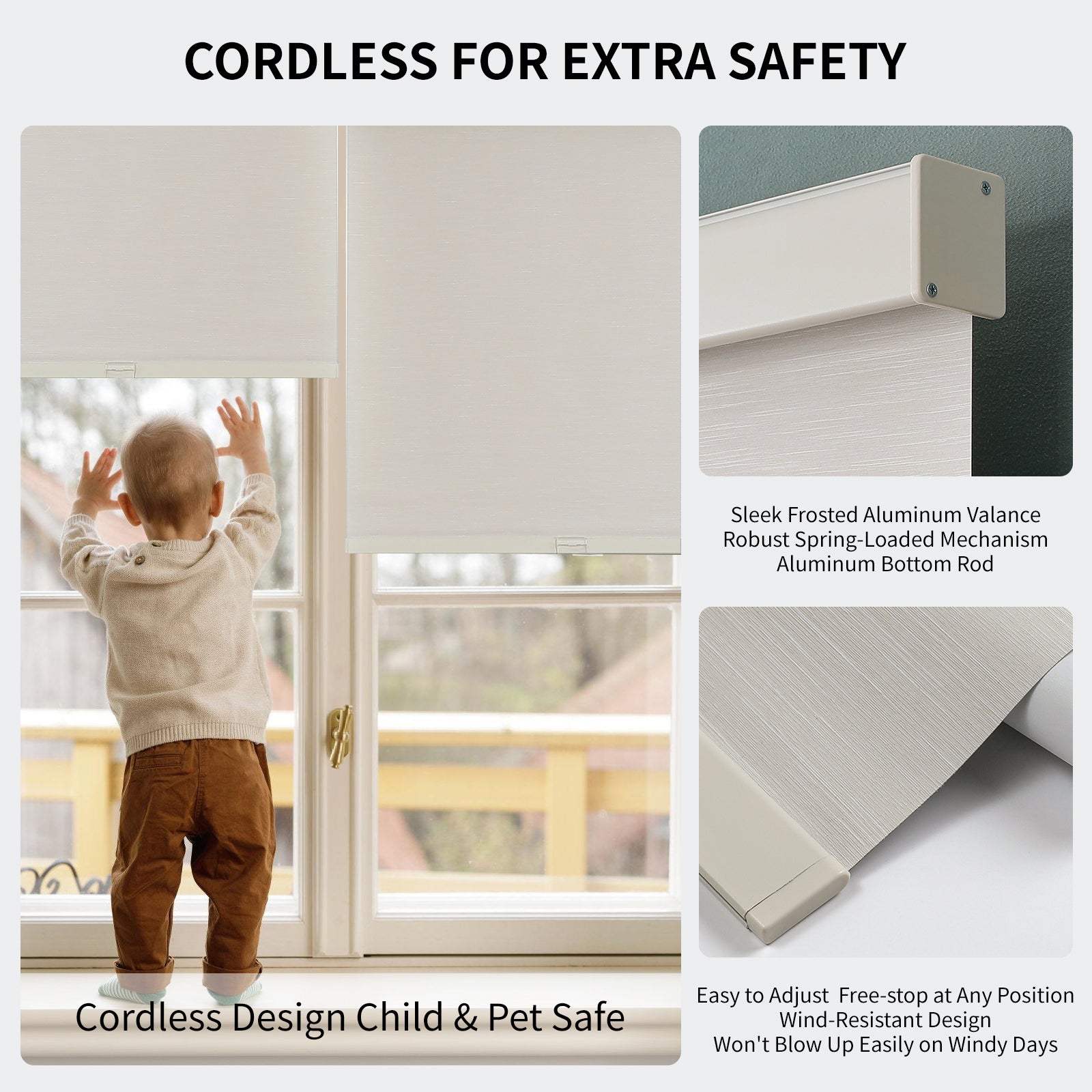 Light neutral cordless blackout roller shades with a sleek aluminum valance, child and pet safe design.