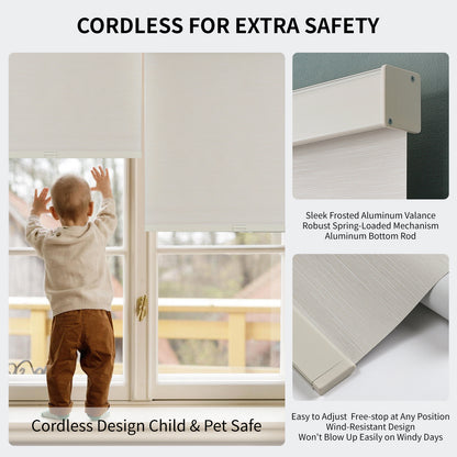 Light neutral cordless blackout roller shades with a sleek aluminum valance, child and pet safe design.