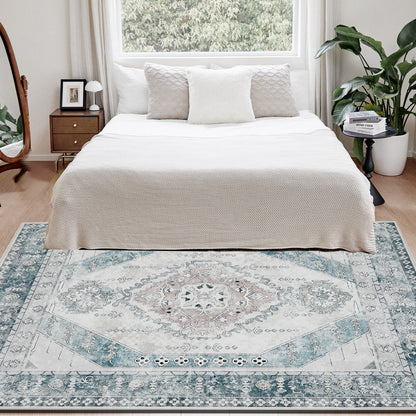 Joydeco Living Room Rug, Non Slip Machine Washable Vintage Runner Rug, Low Pile Lightweight Chenille Print Rugs for Entryway, Hallway, Bedroom, Kitchen and Corridor