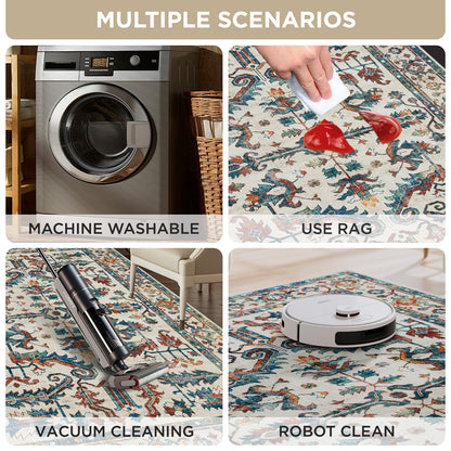 Joydeco Runner Rug Non Slip Machine Washable Vintage Rug, Low Pile Non Slip Chenille Print Rugs for Living Room, Entryway, Bedroom, Kitchen and Corridor, Bathroom